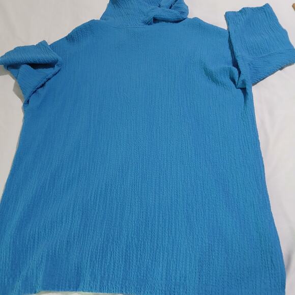 Ali Miles Medium Aqua Raglan-Long-Sleeved Crinkle Fabric Cowl-Neck Slit-Hem Top - Picture 6 of 11